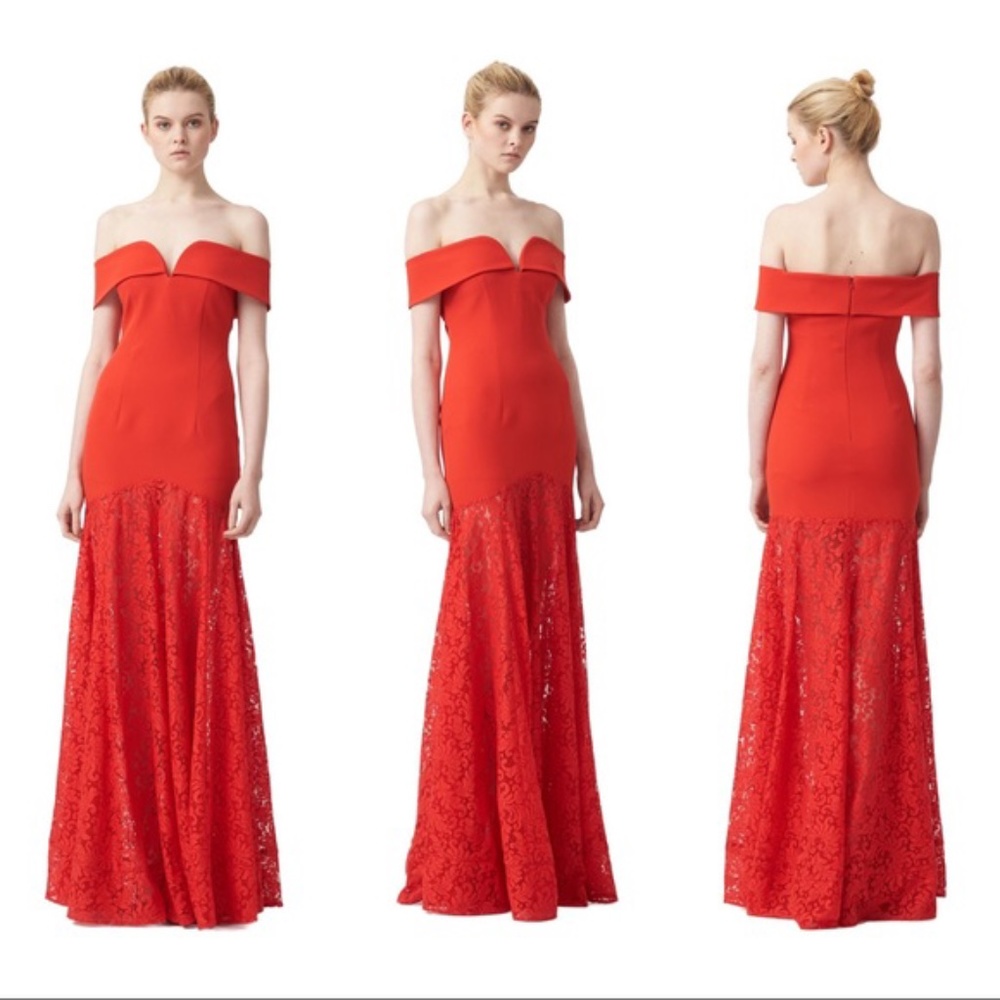 NWT AIJEK GODIVA SWEETHEART OFF SHOULDER LACE MAXI DRESS GOWN 3 = US 10/12